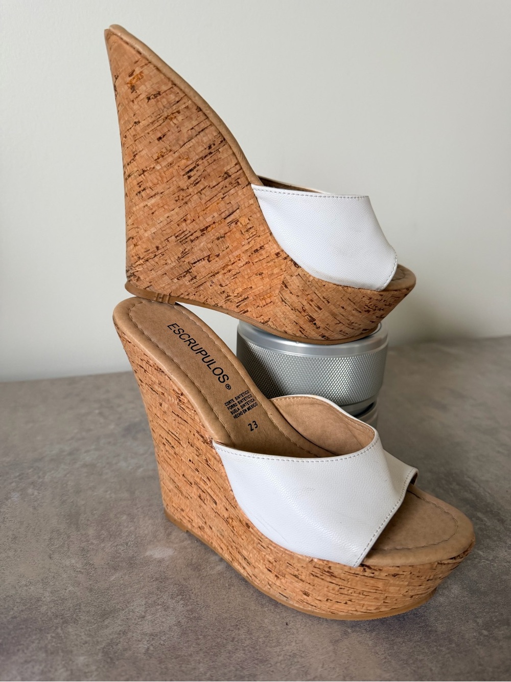 White Cork Wedge Mule Sandals